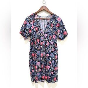 LOFT Floral Mini Spring Bloom Cotton Multicolor Button V-Neck Swing Dress Medium